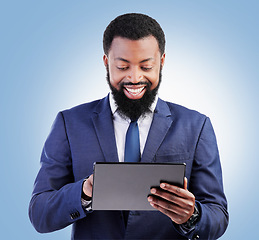 Image showing Corporate black man, business and tablet in studio for online planning, stock market research or internet info on blue background. Happy trader, digital technology and network data for app connection