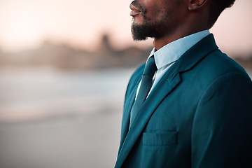 Image showing Thinking, sunset and business man by beach for reflection on holiday, vacation and freedom by ocean. Professional, travel and closeup of male entrepreneur by sea for calm, peace and relax in nature