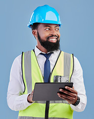 Image showing Happy black man, architect and tablet for construction inspection against a blue studio background. African male person, engineer or contractor working on technology for architecture or project plan