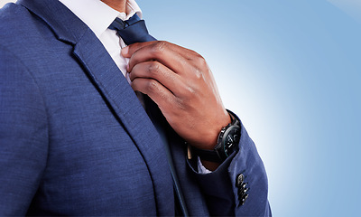 Image showing Business man, hands and fix tie for fashion, professional suit or corporate trader in studio with mockup space. Closeup of executive worker, salesman or CEO ready for job interview on blue background