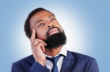 Image showing Thinking, idea and black man in studio with choice, planning or problem solving on blue background. Questions, why and African male with solution, plan and asking, how or did you know decision emoji