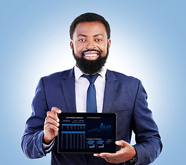 Image showing Fintech, tablet and corporate portrait with business man and stock market data of cryptocurrency in studio. Happy, investment info and financial worker with smile from trading, web chart and profit