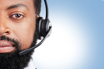 Image showing Customer service headset, portrait and serious black man in studio consultation, help desk support or contact us service. Telemarketing space, face and African person on mockup blue background banner