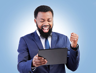 Image showing Happy business man, tablet and fist for success in studio for good news, deal and trading bonus. Excited black male trader, digital technology and shout yes for achievement, prize and blue background