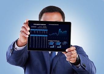 Image showing Screen, tablet and investing with business man and stock market data of cryptocurrency in studio. Tech, investment info and financial worker with ui showing statistics, web chart and digital profit