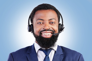 Image showing Customer service portrait, happy black man and business agent for consultation, help desk support or contact us. Telemarketing, studio face and African person for call center sales on blue background