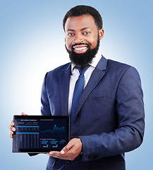 Image showing Screen, tablet and portrait with finance business man and stock market data of cryptocurrency in studio. Happy, investment info and financial worker with smile from statistics, web chart and profit