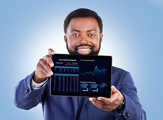 Image showing Fintech, tablet and portrait with business man and stock market data of cryptocurrency in studio. Happy, investment info and financial worker with smile from statistics, web chart and digital profit