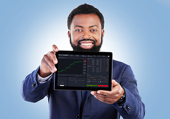 Image showing Finance data, tablet and business man portrait with stock market chart of cryptocurrency in studio. Happy, investment info and fintech worker with smile from statistics, web and digital profit