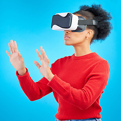 Image showing VR, metaverse and digital glasses with woman and video gaming for augmented reality. Studio, female person and blue background with future technology and online web user with 3d virtual network