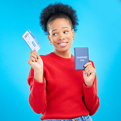 Image showing African woman, passport and thinking in studio with plane ticket, doubt or decision for travel by blue background. Gen z girl, student and ideas with paperwork for international immigration to USA