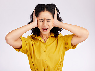 Image showing Frustrated woman, headache and anxiety with hands on head in stress against a white studio background. Female person in burnout, fear or ignore with mental health problems, issues or overwhelmed