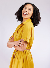 Image showing Thinking, fashion and woman in studio with an idea and positive mindset isolated on a white background. Excited, arms crossed and young african female person with inspiration, style or solution
