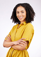 Image showing Smile, fashion and portrait of a woman in studio with a positive mindset isolated on a white background. Confident, arms crossed and young African female person with inspiration, style and motivation