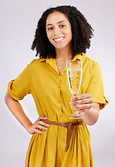 Image showing Woman, portrait and glass of wine in studio for cheers, celebration and success on white background. Female model, happy hour and toast with champagne, alcohol and drinks to celebrate winner at party