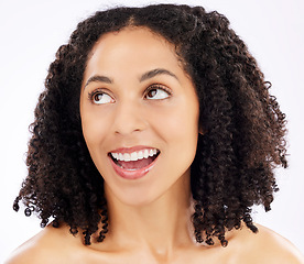 Image showing African woman, thinking and skincare in studio with choice, decision or brainstorming ideas for natural beauty on white background. Healthy, skin and solution for self care, wellness and cosmetics