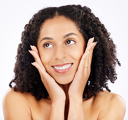 Image showing Happy, African woman and thinking of skincare in studio with choice, decision or model with ideas for natural beauty on white background. Healthy, skin and solution for wellness and cosmetics