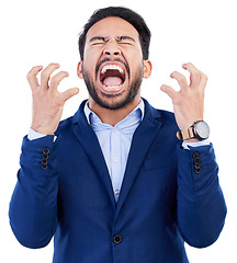 Image showing Frustrated, anger and screaming with business man in studio for headache, stress and burnout. Mental health, anxiety and fear with male employee on white background for fatigue, mistake and problem