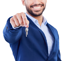 Image showing Keys, studio hands and happy man, realtor or salesman for new house investment, property payment or sales success. New home apartment, closeup male agent and real estate ownership on white background