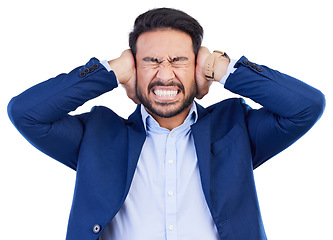 Image showing Stress, anger and screaming with business man in studio for headache, frustrated and burnout. Mental health, anxiety and angry with male employee on white background for fatigue, mistake and problem