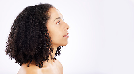 Image showing Thinking, African woman and skincare mockup in studio with choice, decision or ideas for natural beauty on banner, space or background. Healthy, skin or vision of self care, wellness and cosmetics