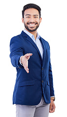 Image showing Happy businessman, portrait and handshake for hiring, job opportunity or meeting against a white studio background. Asian man smile shaking hands in career for recruiting, introduction or greeting