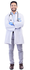 Image showing Man, doctor and portrait with arms crossed and smile from healthcare and medical work in studio. Isolated, white background and happy male professional with job success from hospital help with pride