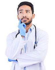 Image showing Thinking, man doctor and problem solving in studio with hospital, healthcare and medical vision with focus. Isolated, white background and scientist idea for clinic support with work and professional