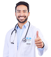 Image showing Man, doctor portrait and thumbs up with smile from healthcare and medical work in studio. Isolated, white background and happy male professional with emoji and yes hand gesture for success and like