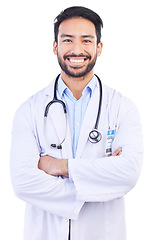 Image showing Man, doctor portrait and arms crossed with smile from healthcare and medical work in studio. Isolated, white background and happy male professional with job success from hospital help with pride