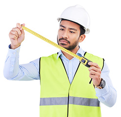 Image showing Architect, tape measure or studio man check numbers of building inspection, real estate project or property planning. Construction industrial labor, engineer and male contractor on white background