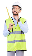 Image showing Architect thinking, tape measure or studio man ideas for building inspection, real estate project or property planning. Engineer, problem solving focus or construction contractor on white background