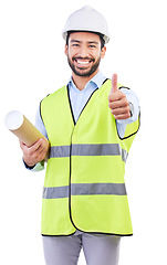 Image showing Architect thumbs up, portrait and man smile for blueprint success feedback, real estate design vote or engineer agreement. Construction floor plan, emoji yes icon or studio person on white background