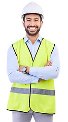 Image showing Architect portrait, arms crossed and happy man for building development, real estate or property construction design. Engineer, confidence and studio person for civil engineering on white background