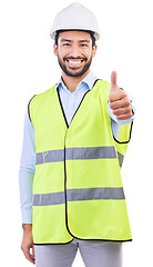 Image showing Architect portrait, thumbs up or happy man for development success, real estate vote or construction yes approval. Engineer, emoji like icon or studio person for civil engineering on white background