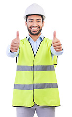 Image showing Architect thumbs up, studio portrait and man smile for project success feedback, real estate vote or construction agreement. Architecture review, emoji yes icon or male contractor on white background