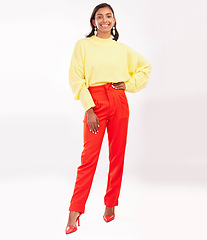 Image showing Happy, fashion and portrait of Indian woman in studio with confidence, happiness and pride. Professional, business and excited female person in trendy clothes, style and stylish on white background