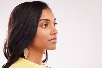 Image showing Indian woman, beauty and profile of makeup in studio with space, banner or mockup on white background for cosmetics. Dermatology, face and luxury spa, salon or cosmetic skincare or facial treatment