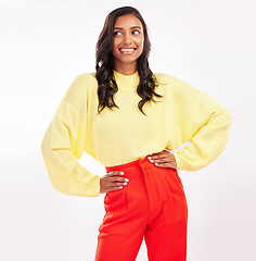 Image showing Thinking, fashion and Indian woman with smile in studio with confidence, happiness and pride. Professional, business and female person with idea in trendy clothes, style or outfit on white background