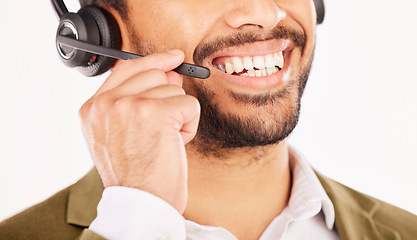 Image showing Call center, happy man or mouth of consultant, customer service and CRM microphone in studio. Closeup face of salesman, agent and telemarketing advisory, contact or FAQ questions on white background