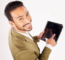 Image showing Face of man, portrait and screen of tablet in studio, white background and mockup data information from above. Happy asian trader with digital technology, space and sign up to stock market newsletter