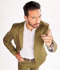 Image showing Portrait, blame and scolding with a business man in studio on a white background for discipline. Manager, finger wag and pointing with a serious young boss telling off an employee for control