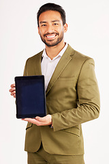 Image showing Business man, portrait or tablet mockup on screen in studio for presentation of information on white background. Happy asian corporate worker show space on digital technology to sign up to newsletter