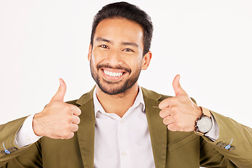 Image showing Thumbs up, portrait and asian man in business for success in studio, white background and winning news. Happy worker, ok emoji and like sign for feedback, review or vote yes in agreement of support