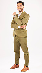 Image showing Professional, fashion and portrait of business man in studio with confidence, happiness and pride. Corporate manager, smile and male person in formal clothes, style and suit on white background