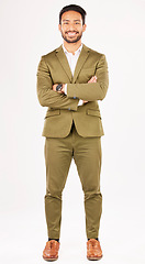 Image showing Corporate, fashion and portrait of man with crossed arms in studio with confidence, ambition and pride. Professional, business and male person in formal clothes, style and suit on white background