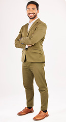 Image showing Professional, fashion and portrait of happy man with crossed arms with confident, happiness and pride. Studio, business and male person smile in formal clothes, style and suit on white background