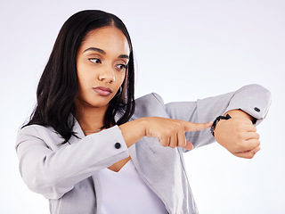 Image showing Time, rush and business woman with watch annoyed at late person isolated in a white studio background and angry. Planner, appointment and frustrated employee checking schedule for a problem planning