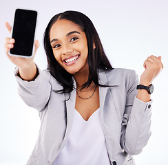 Image showing Phone, screen and portrait of happy woman in studio with news, discount or sale promotion on white background. Smartphone, mockup and face of excited female with coming soon, sign up or contact info