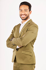 Image showing Professional, fashion and portrait of man with crossed arms in studio with confidence, happiness and pride. Happy, business and male person smile in formal clothes, style and suit on white background